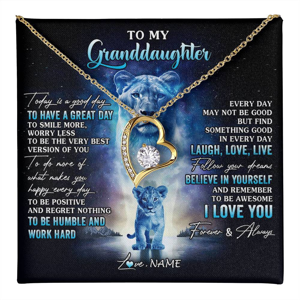 Forever Love Necklace 18K Yellow Gold Finish | 1 | Personalized To My Granddaughter Lion Necklace From Grandma Every Day Laugh Love Live Granddaughter Birthday Christmas Customized Gift Box Message Card | teecentury