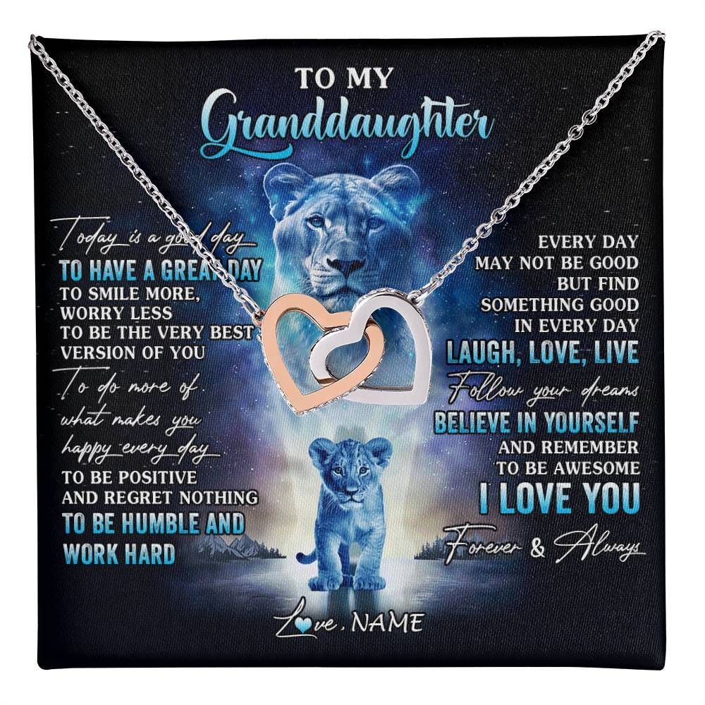 Interlocking Hearts Necklace Stainless Steel & Rose Gold Finish | 1 | Personalized To My Granddaughter Lion Necklace From Grandma Every Day Laugh Love Live Granddaughter Birthday Christmas Customized Gift Box Message Card | teecentury