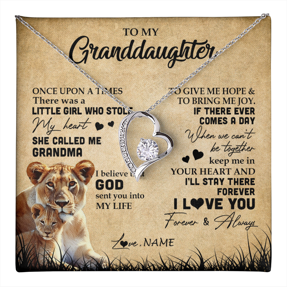Forever Love Necklace 14K White Gold Finish | 1 | Personalized To My Granddaughter Lion Necklace From Grandma I'll Stay There Forever Grandchild Birthday Graduation Christmas Customized Gift Box Message Card | teecentury