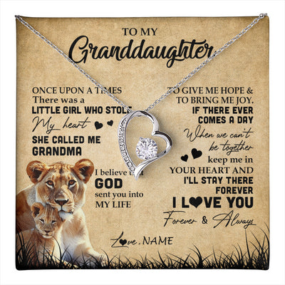 Forever Love Necklace 14K White Gold Finish | 1 | Personalized To My Granddaughter Lion Necklace From Grandma I'll Stay There Forever Grandchild Birthday Graduation Christmas Customized Gift Box Message Card | teecentury