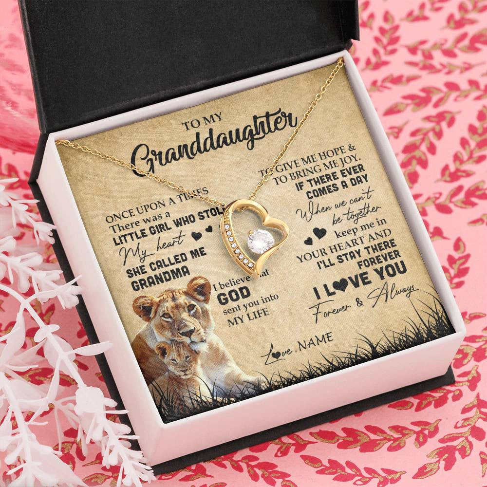 Forever Love Necklace 18K Yellow Gold Finish | Personalized To My Granddaughter Lion Necklace From Grandma I'll Stay There Forever Grandchild Birthday Graduation Christmas Customized Gift Box Message Card | teecentury