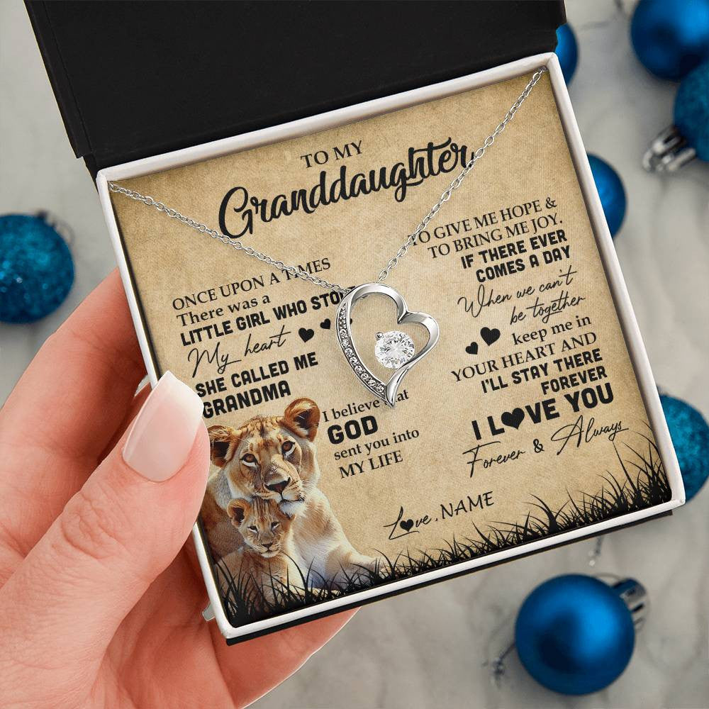Forever Love Necklace | Personalized To My Granddaughter Lion Necklace From Grandma I'll Stay There Forever Grandchild Birthday Graduation Christmas Customized Gift Box Message Card | teecentury