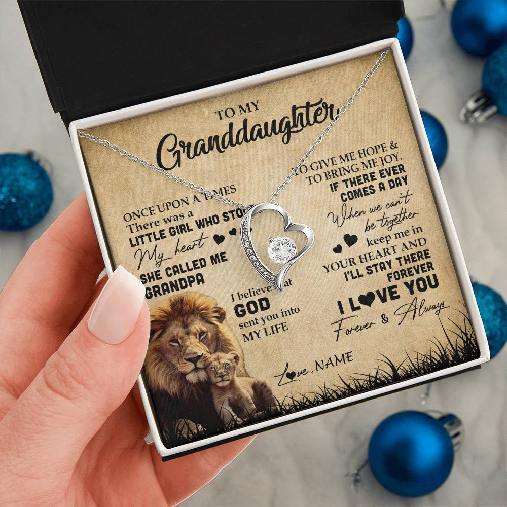 Forever Love Necklace | Personalized To My Granddaughter Lion Necklace From Grandpa I'll Stay There Forever Grandchild Birthday Graduation Christmas Customized Gift Box Message Card | teecentury