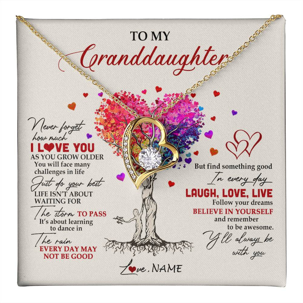 Forever Love Necklace 18K Yellow Gold Finish | 1 | Personalized To My Granddaughter Necklace From Grandma Colorful Tree Never Forget I Love You Granddaughter Birthday Christmas Customized Gift Box Message Card | teecentury