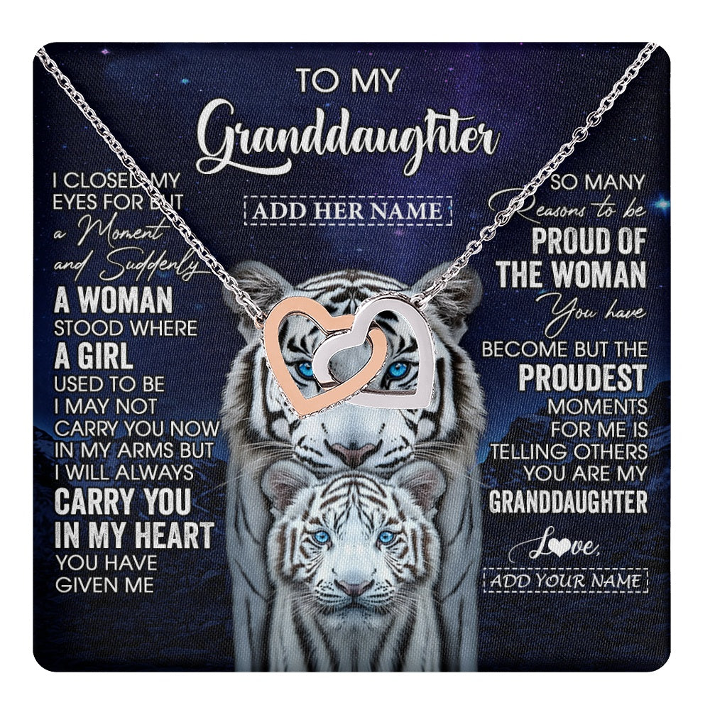 Interlocking Hearts Necklace Stainless Steel & Rose Gold Finish | 1 | Personalized To My Granddaughter Necklace From Grandma Grandpa I Close My Eyes White Tiger Granddaughter Birthday Gift Christmas Gift Box Message Card | https://teecentury.