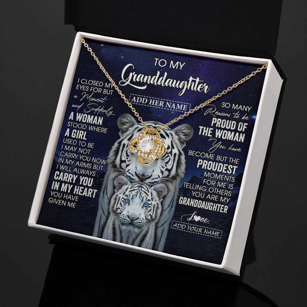 Love Knot Necklace 18K Yellow Gold Finish | 2 | Personalized To My Granddaughter Necklace From Grandma Grandpa I Close My Eyes White Tiger Granddaughter Birthday Gift Christmas Gift Box Message Card | https://teecentury.