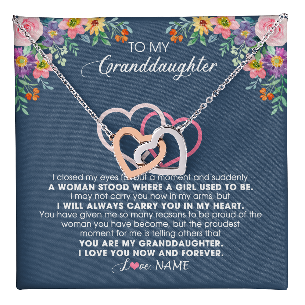 Interlocking Hearts Necklace Stainless Steel & Rose Gold Finish | 1 | Personalized To My Granddaughter Necklace From Grandma Grandpa I Love You Now And Forever Jewelry For Granddaughter Birthday Christmas Customized Message Card | teecentury