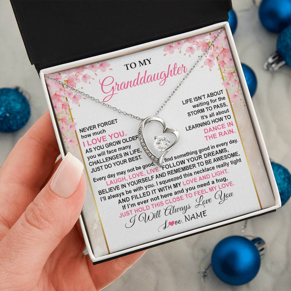 Forever Love Necklace 14K White Gold Finish | 2 | Personalized To My Granddaughter Necklace From Grandma Grandpa Inspirational I Love You Granddaughter Birthday Graduation Customized Gift Box Message Card | teecentury