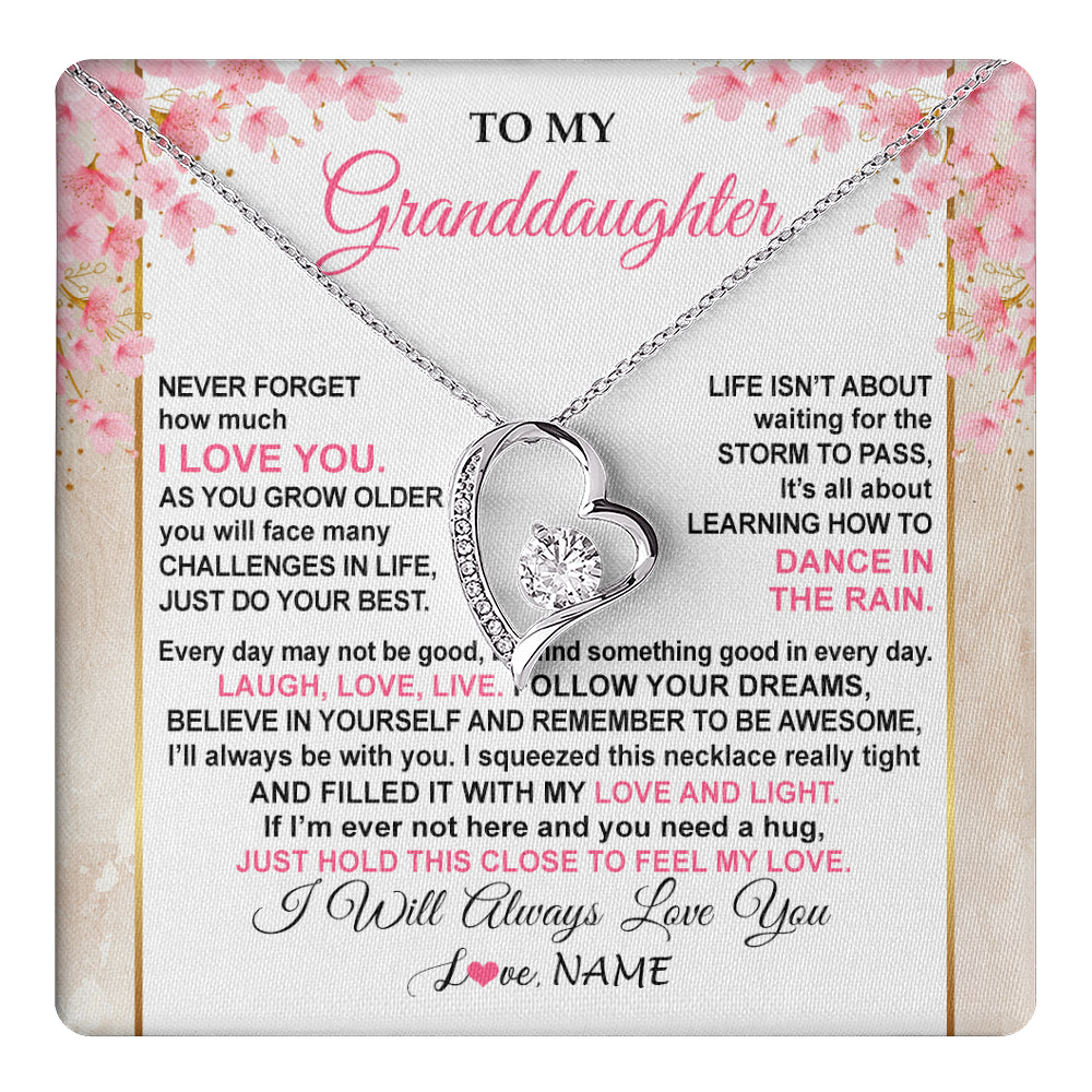 Forever Love Necklace 14K White Gold Finish | 1 | Personalized To My Granddaughter Necklace From Grandma Grandpa Inspirational I Love You Granddaughter Birthday Graduation Customized Gift Box Message Card | teecentury
