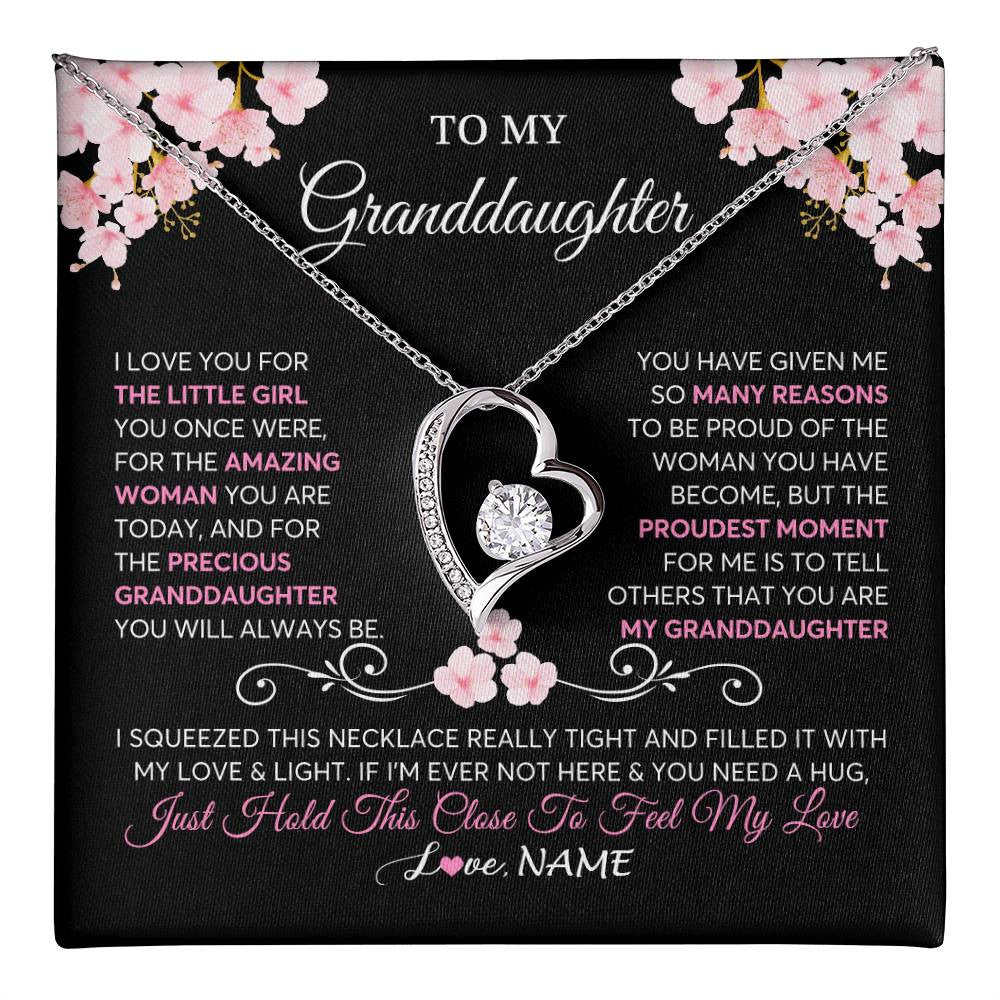 Forever Love Necklace 14K White Gold Finish | 1 | Personalized To My Granddaughter Necklace From Grandma Grandpa Love You Little Girl Granddaughter Birthday Jewelry Christmas Customized Gift Box Message Card | teecentury