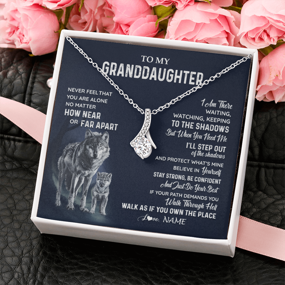 Alluring Beauty Necklace 14K White Gold Finish | 2 | Personalized To My Granddaughter Necklace From Grandma Grandpa Never Feel You Are Alone Wolf Granddaughter Birthday Christmas Customized Gift Box Message Card | teecentury