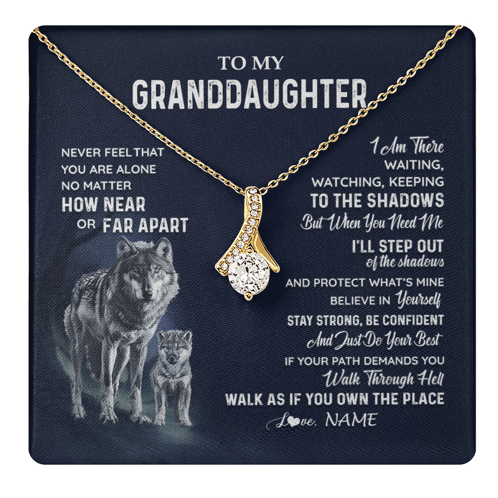 Alluring Beauty Necklace 18K Yellow Gold Finish | 1 | Personalized To My Granddaughter Necklace From Grandma Grandpa Never Feel You Are Alone Wolf Granddaughter Birthday Christmas Customized Gift Box Message Card | teecentury