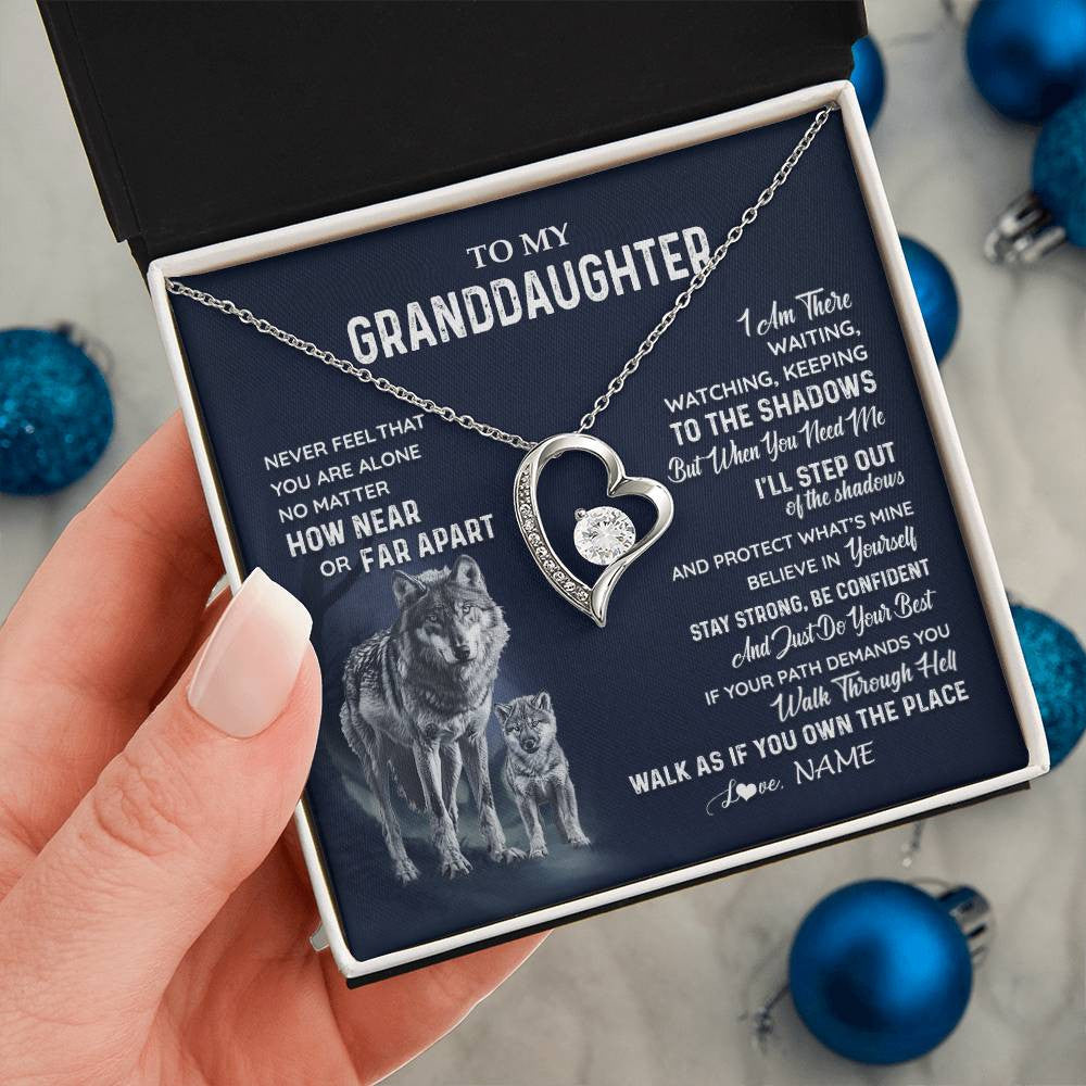 Forever Love Necklace 14K White Gold Finish | 2 | Personalized To My Granddaughter Necklace From Grandma Grandpa Never Feel You Are Alone Wolf Granddaughter Birthday Christmas Customized Gift Box Message Card | teecentury