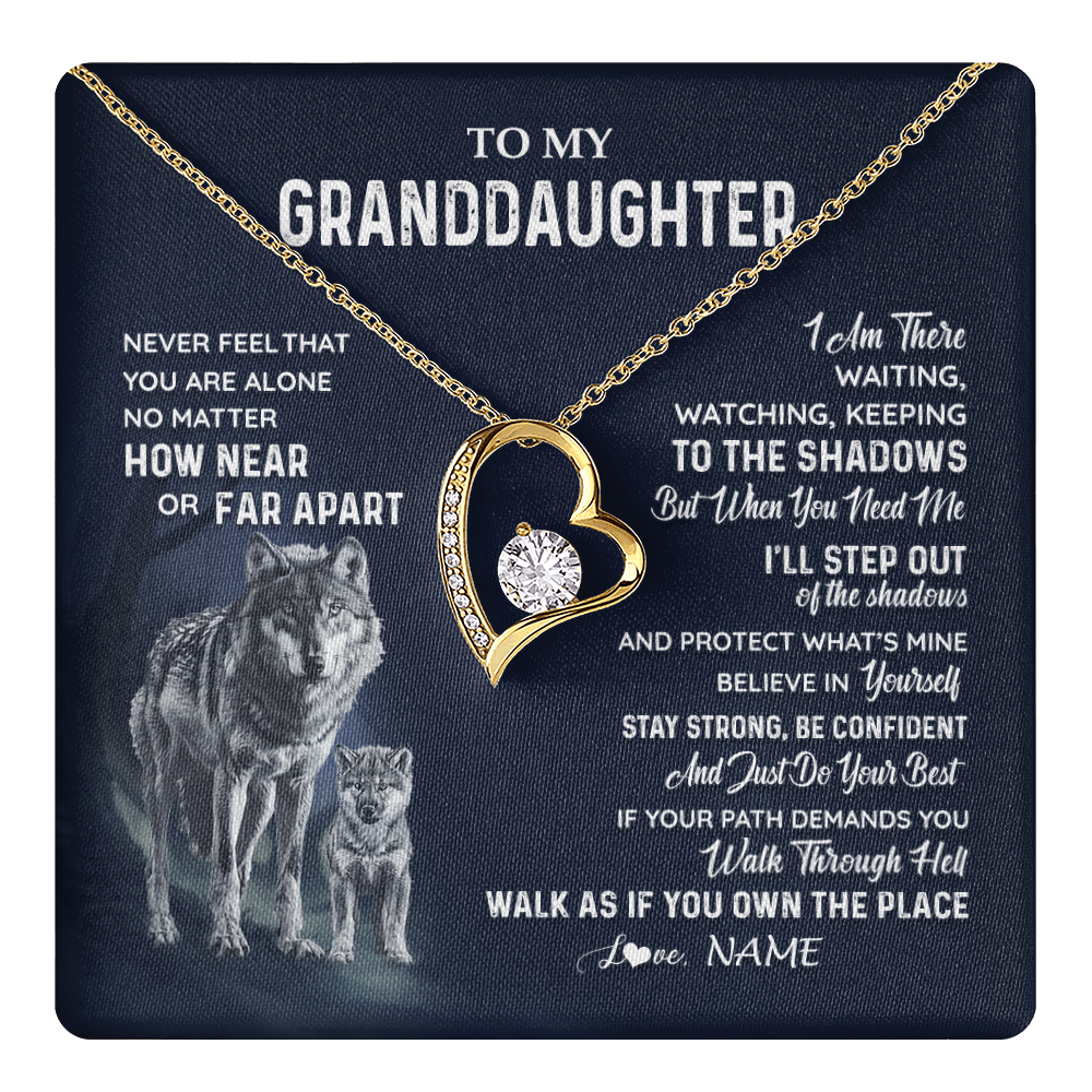 Forever Love Necklace 18K Yellow Gold Finish | 1 | Personalized To My Granddaughter Necklace From Grandma Grandpa Never Feel You Are Alone Wolf Granddaughter Birthday Christmas Customized Gift Box Message Card | teecentury