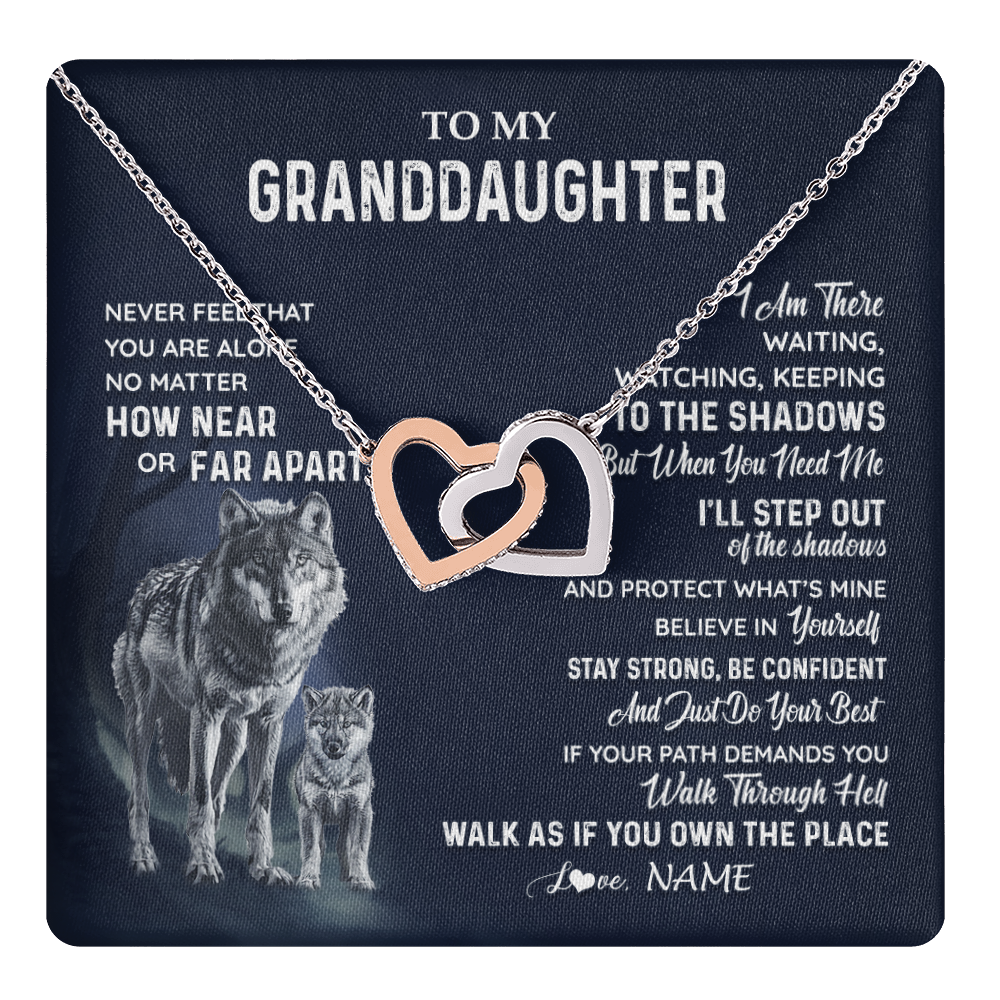 Interlocking Hearts Necklace Stainless Steel & Rose Gold Finish | 1 | Personalized To My Granddaughter Necklace From Grandma Grandpa Never Feel You Are Alone Wolf Granddaughter Birthday Christmas Customized Gift Box Message Card | teecentury
