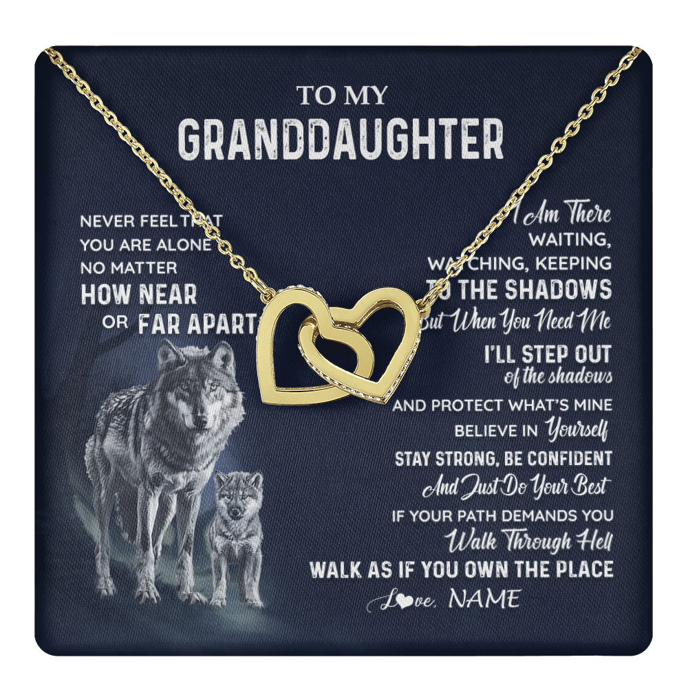 Interlocking Hearts Necklace 18K Yellow Gold Finish | 1 | Personalized To My Granddaughter Necklace From Grandma Grandpa Never Feel You Are Alone Wolf Granddaughter Birthday Christmas Customized Gift Box Message Card | teecentury