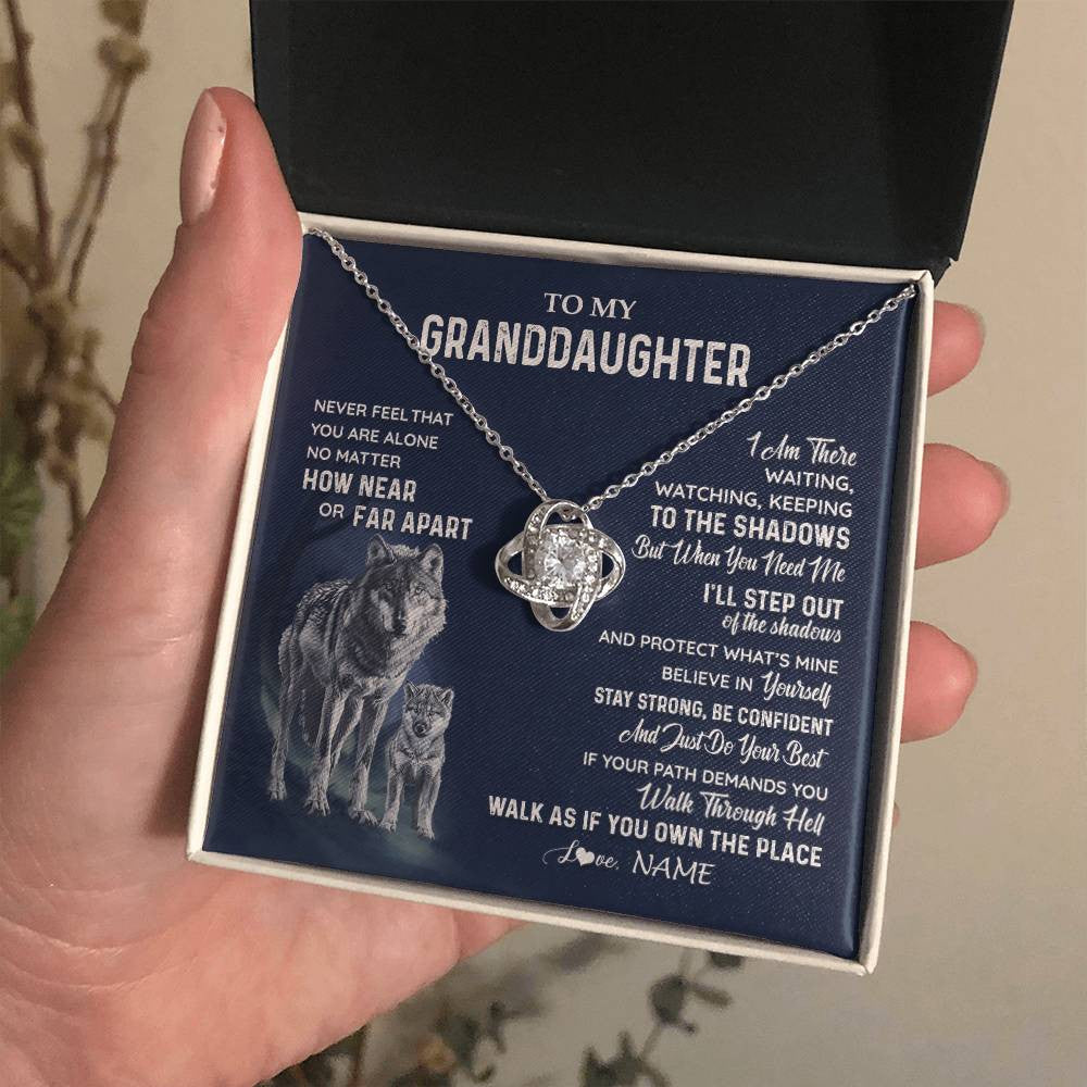 Love Knot Necklace 14K White Gold Finish | 2 | Personalized To My Granddaughter Necklace From Grandma Grandpa Never Feel You Are Alone Wolf Granddaughter Birthday Christmas Customized Gift Box Message Card | teecentury