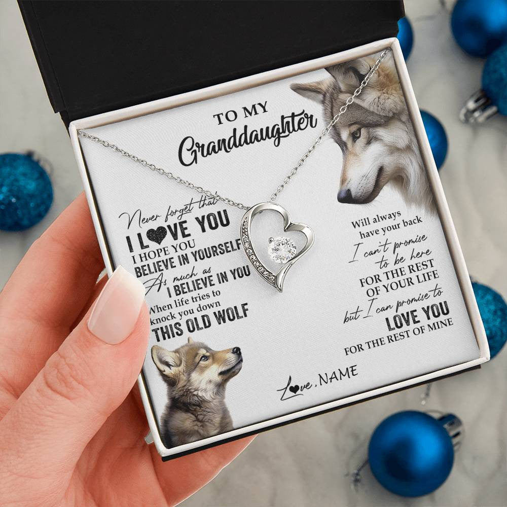 Forever Love Necklace 14K White Gold Finish | 2 | Personalized To My Granddaughter Necklace From Grandma Grandpa This Old Wolf Love You Granddaughter Birthday Christmas Customized Gift Box Message Card | teecentury