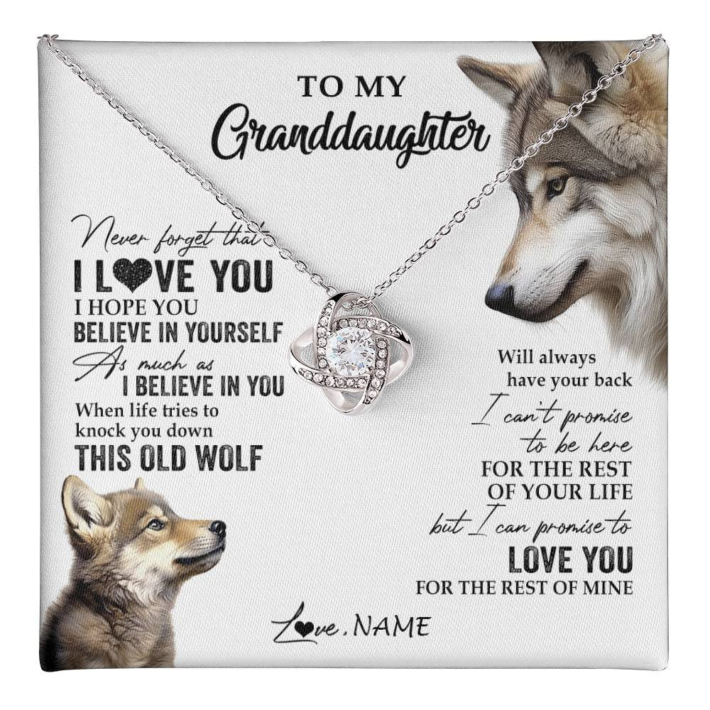 Love Knot Necklace 14K White Gold Finish | 1 | Personalized To My Granddaughter Necklace From Grandma Grandpa This Old Wolf Love You Granddaughter Birthday Christmas Customized Gift Box Message Card | teecentury