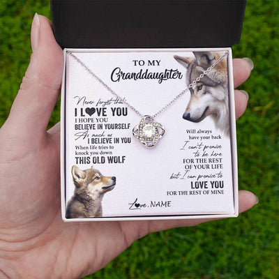Love Knot Necklace 14K White Gold Finish | 2 | Personalized To My Granddaughter Necklace From Grandma Grandpa This Old Wolf Love You Granddaughter Birthday Christmas Customized Gift Box Message Card | teecentury