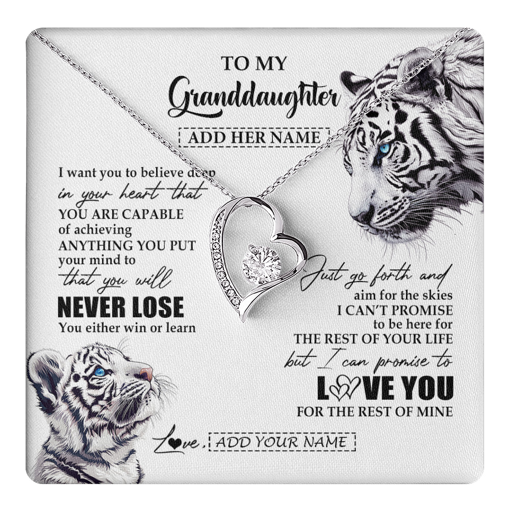 Forever Love Necklace 14K White Gold Finish | 1 | Personalized To My Granddaughter Necklace From Grandma Grandpa You Will Never Lose White Tiger Granddaughter Birthday Gifts Christmas Gift Box Message Card | teecentury