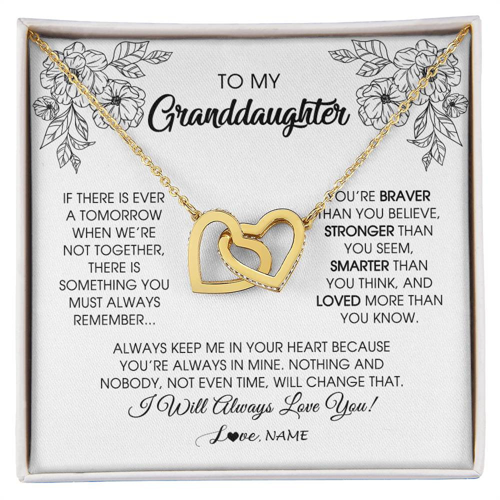 Interlocking Hearts Necklace 18K Yellow Gold Finish | Personalized To My Granddaughter Necklace From Grandma Grandpa You're Braver Stronger Smarter Granddaughter Birthday Customized Jewelry Gift Box Message Card | teecentury