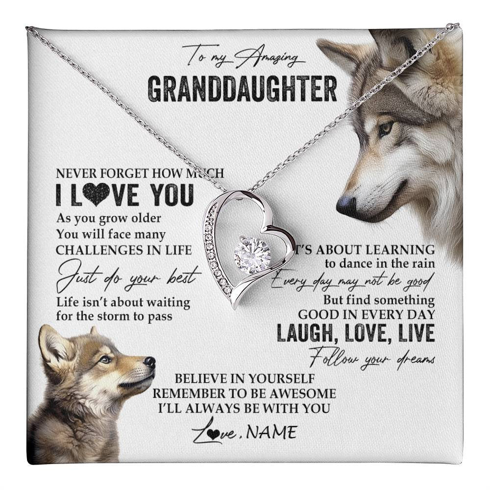 Forever Love Necklace 14K White Gold Finish | 1 | Personalized To My Granddaughter Necklace From Grandma Just Do You Best Laugh Love Live Wolf Granddaughter Birthday Christmas Customized Gift Box Message Card | teecentury