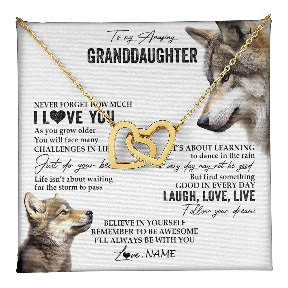 Interlocking Hearts Necklace 18K Yellow Gold Finish | 1 | Personalized To My Granddaughter Necklace From Grandma Just Do You Best Laugh Love Live Wolf Granddaughter Birthday Christmas Customized Gift Box Message Card | teecentury