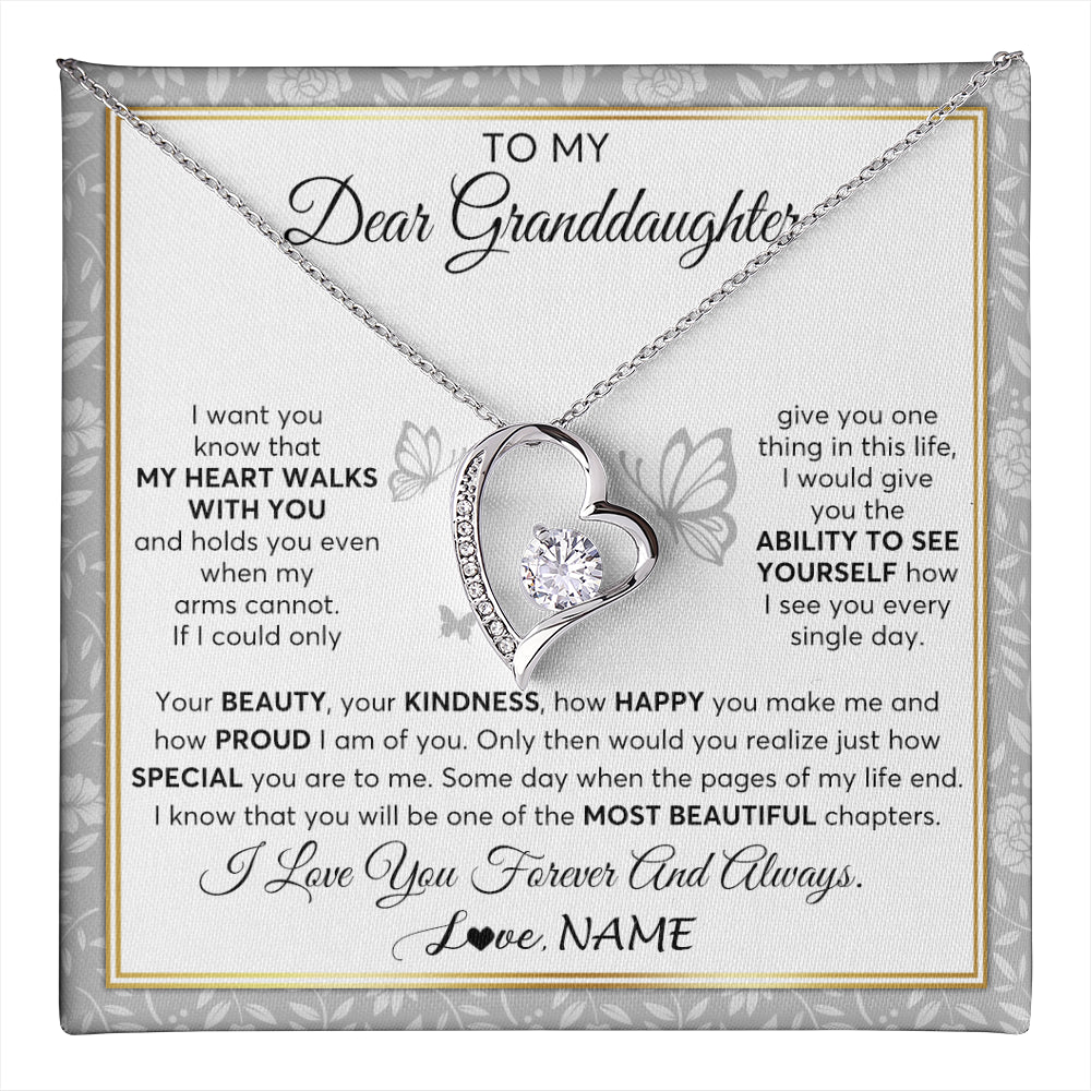 Forever Love Necklace 14K White Gold Finish | 1 | Personalized To My Granddaughter Necklace From Grandma My Heart Walks With You Granddaughter Birthday Gifts Jewelry Christmas Customized Gift Box Message Card | teecentury