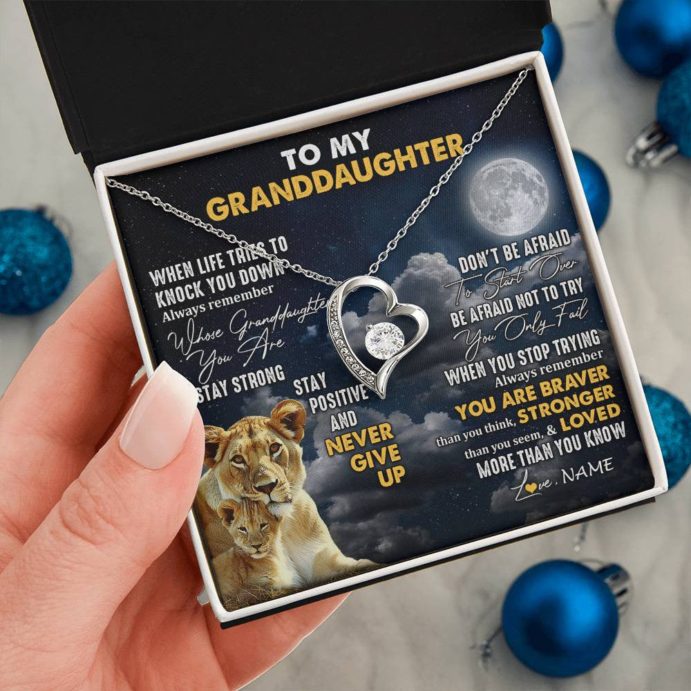 Forever Love Necklace 14K White Gold Finish | 2 | Personalized To My Granddaughter Necklace From Grandma Nana Lion Never Give Up Granddaughter Birthday Graduation Christmas Customized Gift Box Message Card | teecentury