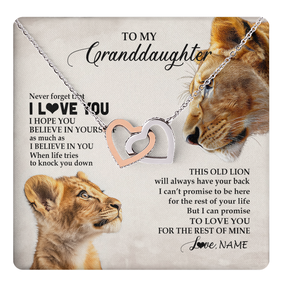Interlocking Hearts Necklace Stainless Steel & Rose Gold Finish | 1 | Personalized To My Granddaughter Necklace From Grandma Nana Never Forget I Love You Lion Granddaughter Birthday Christmas Customized Message Card | teecentury
