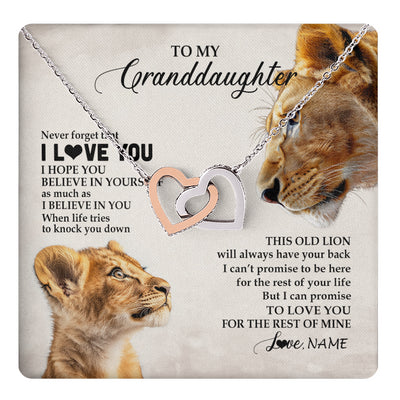 Interlocking Hearts Necklace Stainless Steel & Rose Gold Finish | 1 | Personalized To My Granddaughter Necklace From Grandma Nana Never Forget I Love You Lion Granddaughter Birthday Christmas Customized Message Card | teecentury