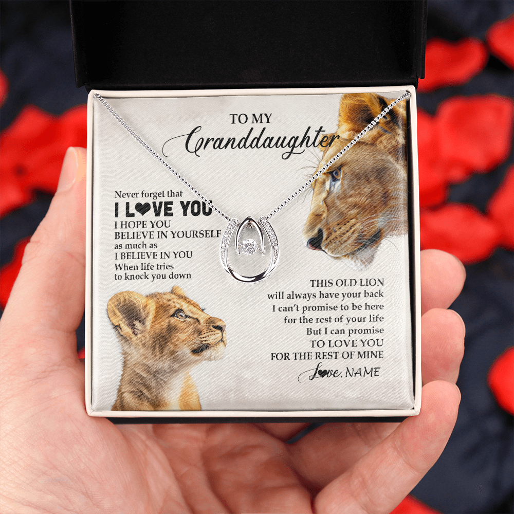 Lucky In Love Necklace 14K White Gold Finish | 2 | Personalized To My Granddaughter Necklace From Grandma Nana Never Forget I Love You Lion Granddaughter Birthday Christmas Customized Message Card | teecentury