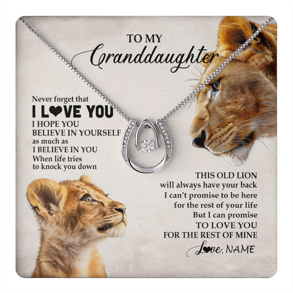 Lucky In Love Necklace 14K White Gold Finish | 1 | Personalized To My Granddaughter Necklace From Grandma Nana Never Forget I Love You Lion Granddaughter Birthday Christmas Customized Message Card | teecentury