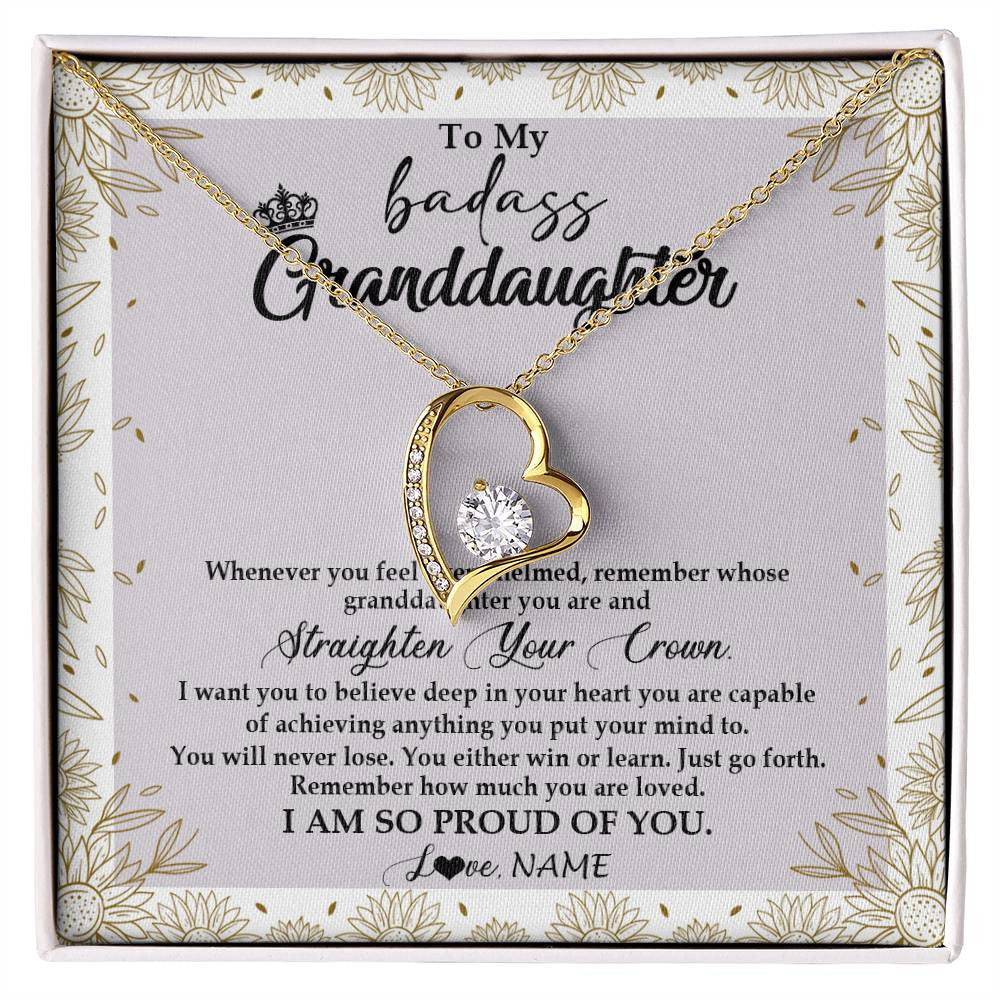 Forever Love Necklace 18K Yellow Gold Finish | Personalized To My Granddaughter Necklace From Grandma Nana Straighten Your Crown Granddaughter Birthday Graduation Christmas Customized Gift Box Message Card | teecentury