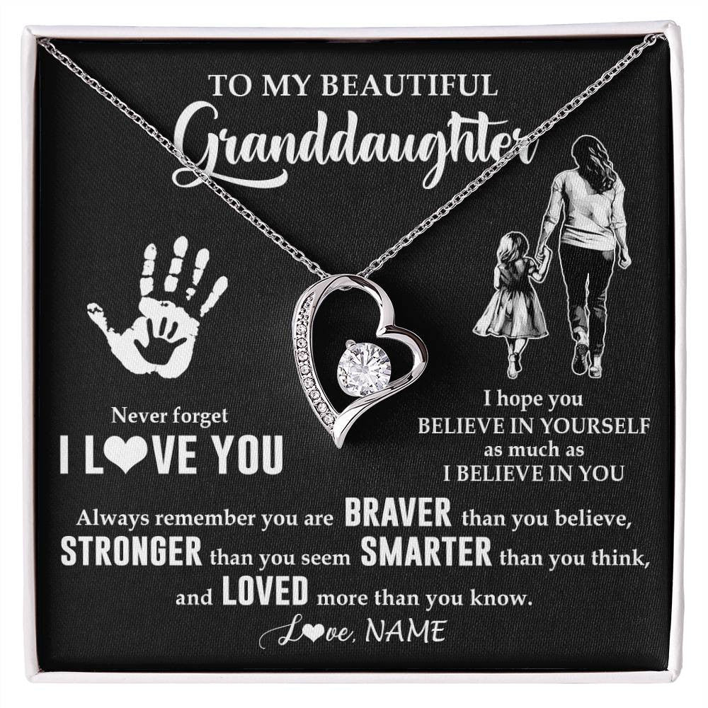 Forever Love Necklace 14K White Gold Finish | 1 | Personalized To My Granddaughter Necklace From Grandma Never Forget I Love You Granddaughter Birthday Christmas Graduation Customized Gift Box Message Card | teecentury