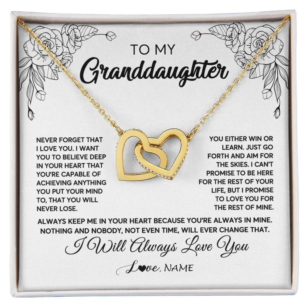 Interlocking Hearts Necklace 18K Yellow Gold Finish | Personalized To My Granddaughter Necklace From Grandma Never Forget That I Love You Granddaughter Birthday Christmas Jewelry Customized Gift Box Message Card | teecentury