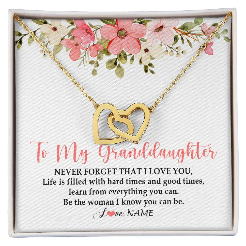 Interlocking Hearts Necklace 18K Yellow Gold Finish | Personalized To My Granddaughter Necklace From Grandma Never Forget That I Love You Granddaughter Jewelry Birthday Christmas Customized Gift Box Message Card | teecentury