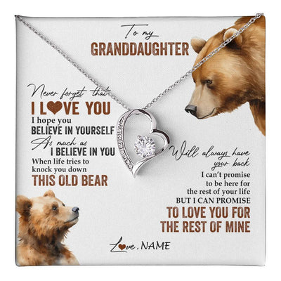 Forever Love Necklace 14K White Gold Finish | 1 | Personalized To My Granddaughter Necklace From Grandma Papa Never Forget That I Love You Bear Granddaughter Birthday Christmas Customized Gift Box Message Card | teecentury