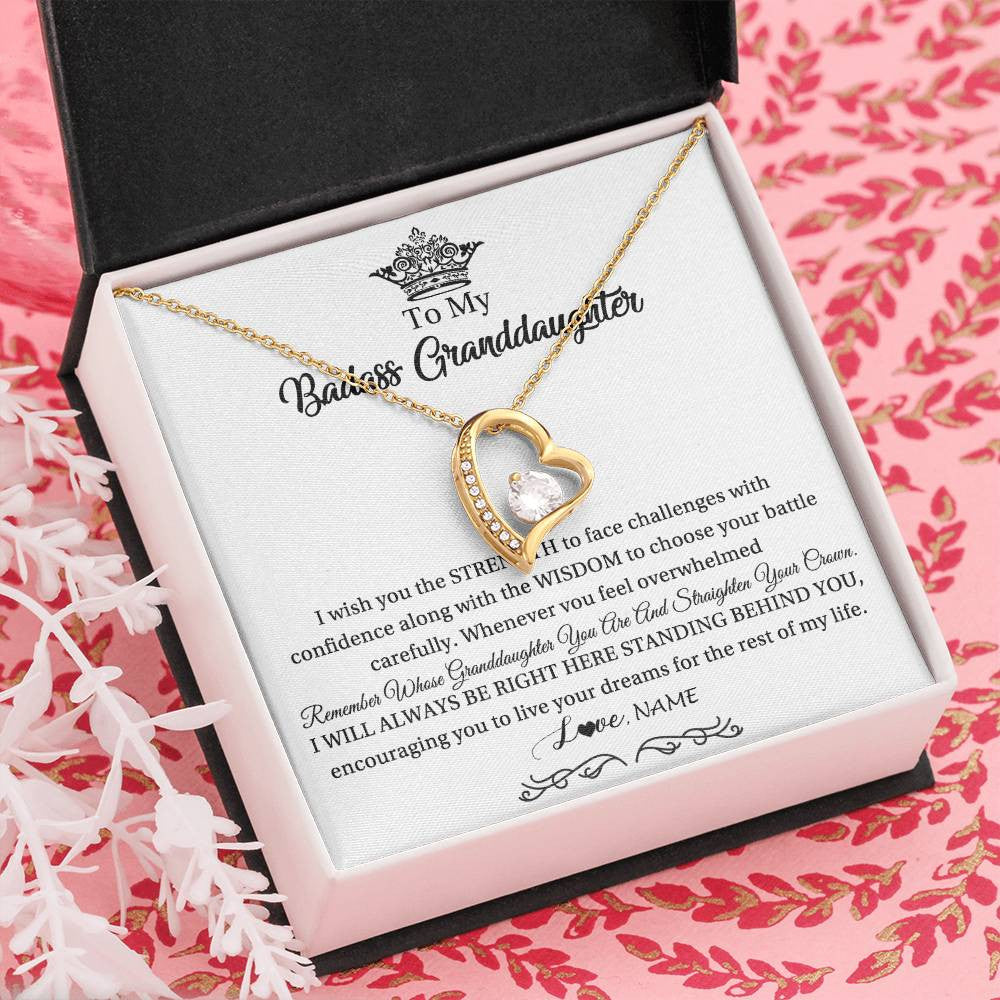 Forever Love Necklace 18K Yellow Gold Finish | Personalized To My Granddaughter Necklace From Grandma Straighten Your Crown Granddaughter Jewelry Birthday Christmas Customized Gift Box Message Card | teecentury