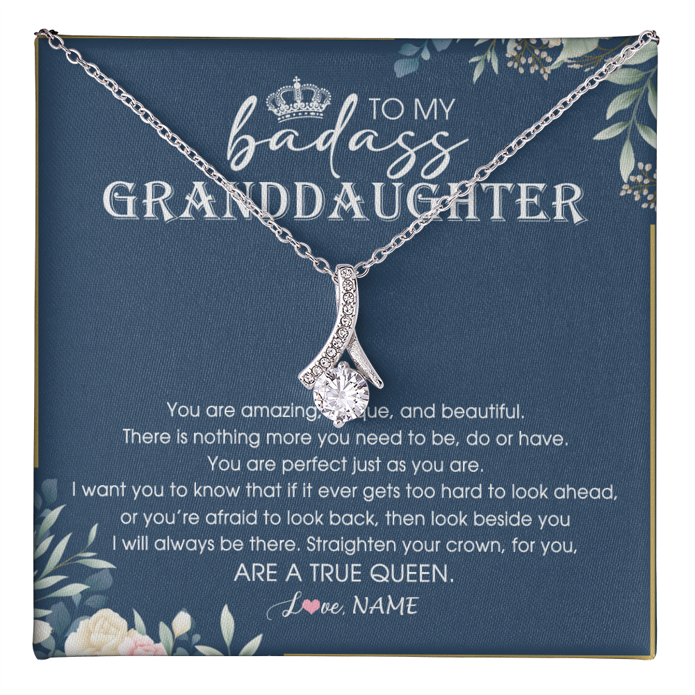 Alluring Beauty Necklace 14K White Gold Finish | 1 | Personalized To My Granddaughter Necklace From Grandma Straighten Your Crown Queen Granddaughter Jewelry Birthday Christmas Customized Gift Box Message Card | teecentury