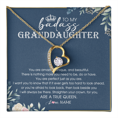 Forever Love Necklace 18K Yellow Gold Finish | 1 | Personalized To My Granddaughter Necklace From Grandma Straighten Your Crown Queen Granddaughter Jewelry Birthday Christmas Customized Gift Box Message Card | teecentury