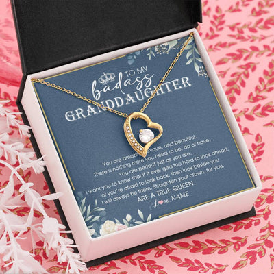 Forever Love Necklace 18K Yellow Gold Finish | Personalized To My Granddaughter Necklace From Grandma Straighten Your Crown Queen Granddaughter Jewelry Birthday Christmas Customized Gift Box Message Card | teecentury