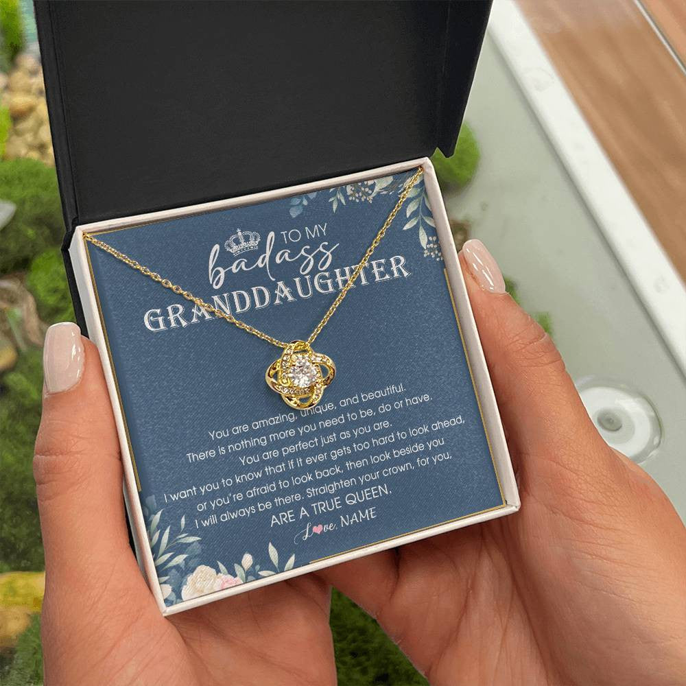 Love Knot Necklace 18K Yellow Gold Finish | Personalized To My Granddaughter Necklace From Grandma Straighten Your Crown Queen Granddaughter Jewelry Birthday Christmas Customized Gift Box Message Card | teecentury