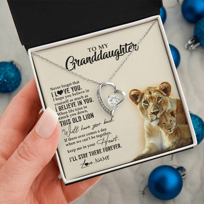 Forever Love Necklace 14K White Gold Finish | 2 | Personalized To My Granddaughter Necklace From Grandma This Old Lion Never Forget I Love You Jewelry Birthday Christmas Customized Gift Box Message Card | teecentury