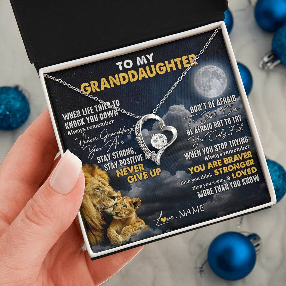 Forever Love Necklace 14K White Gold Finish | 2 | Personalized To My Granddaughter Necklace From Papa Grandpa Lion Never Give Up Granddaughter Birthday Graduation Christmas Customized Gift Box Message Card | teecentury