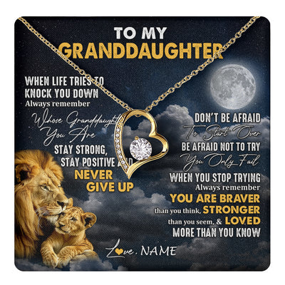 Forever Love Necklace 18K Yellow Gold Finish | 1 | Personalized To My Granddaughter Necklace From Papa Grandpa Lion Never Give Up Granddaughter Birthday Graduation Christmas Customized Gift Box Message Card | teecentury