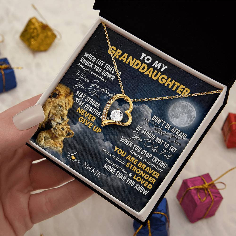 Forever Love Necklace 18K Yellow Gold Finish | 2 | Personalized To My Granddaughter Necklace From Papa Grandpa Lion Never Give Up Granddaughter Birthday Graduation Christmas Customized Gift Box Message Card | teecentury