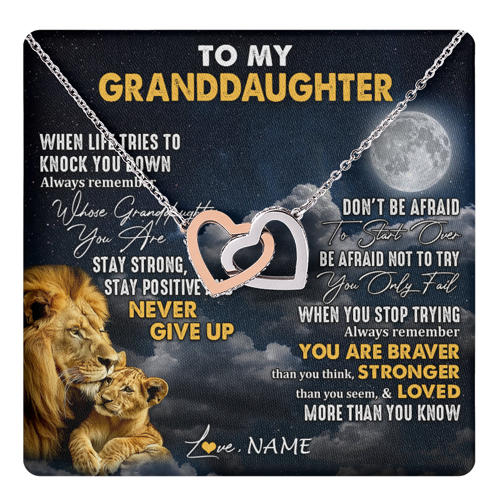 Interlocking Hearts Necklace Stainless Steel & Rose Gold Finish | 1 | Personalized To My Granddaughter Necklace From Papa Grandpa Lion Never Give Up Granddaughter Birthday Graduation Christmas Customized Gift Box Message Card | teecentury
