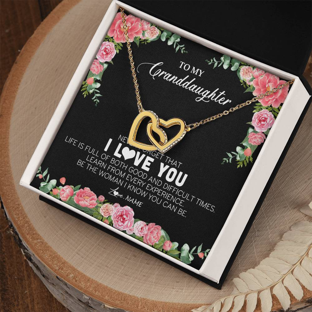 Interlocking Hearts Necklace 18K Yellow Gold Finish | Personalized To My Granddaughter Necklace from Grandpa Papa Never Forget I Love You Floral Jewelry for Granddaughter Birthday Christmas Customized Message Card | teecentury